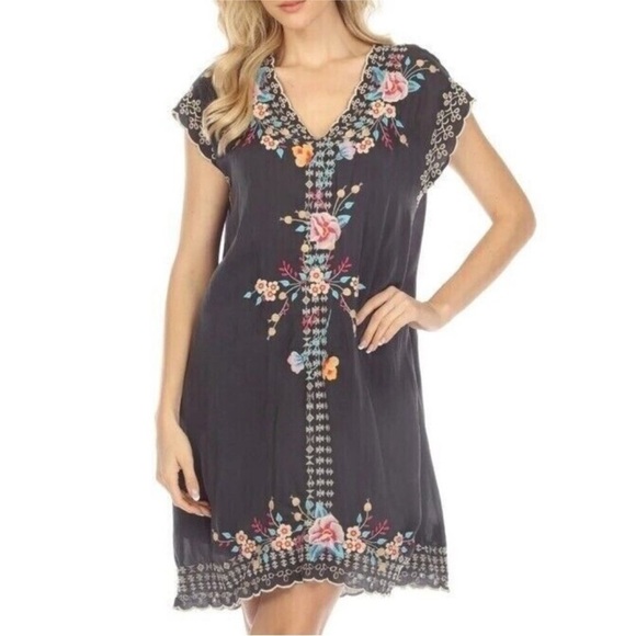 NEW Johnny Was Keva Dress Gray Floral Embroidered Lightweight Shift Dress